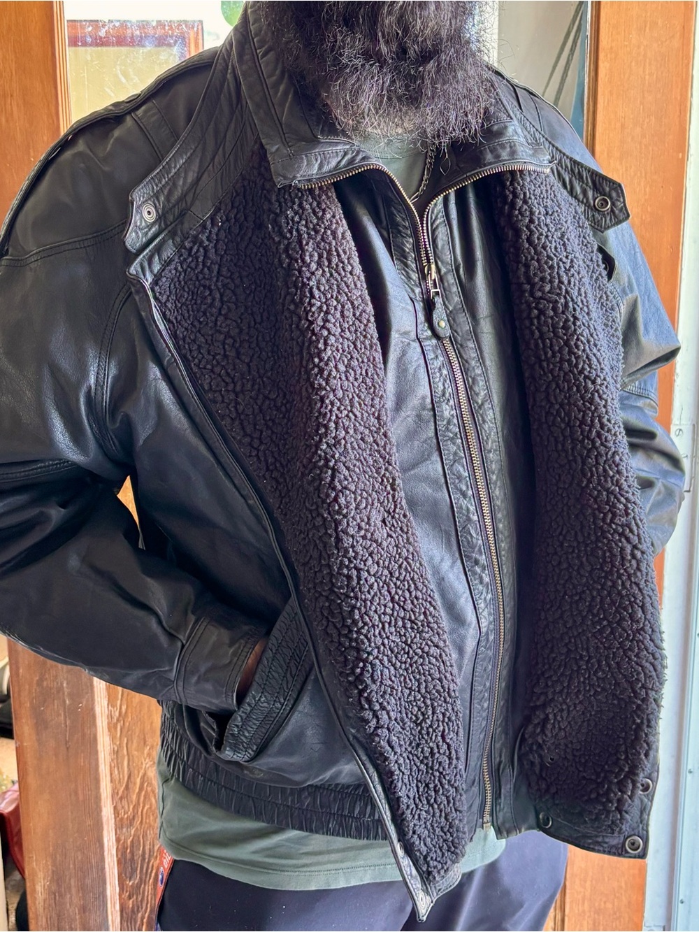 Gallucci Black Leather Bomber Jacket with Sherpa Lining